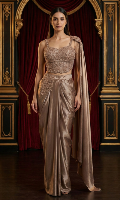 Champagne Draped Embroidered Elegance