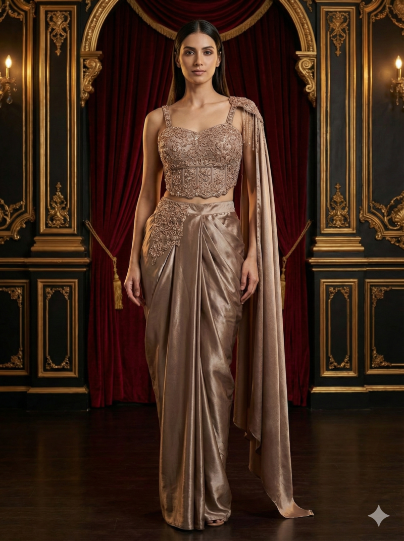 Champagne Draped Embroidered Elegance