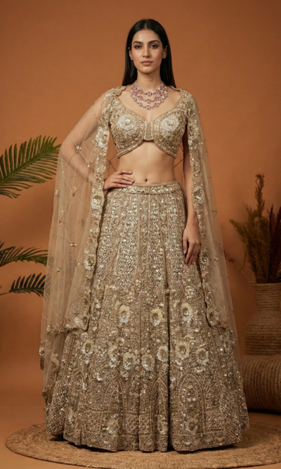 Champagne Gold Heavy Embroidered Bridal Lehenga