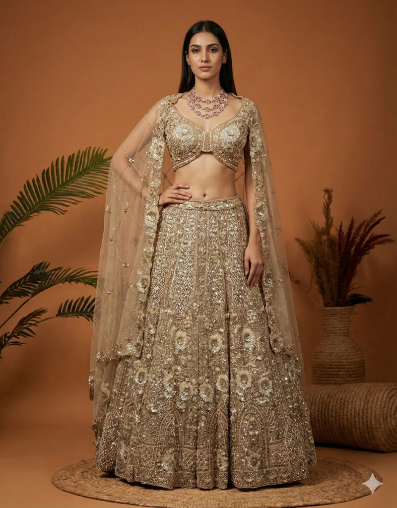 Champagne Gold Heavy Embroidered Bridal Lehenga