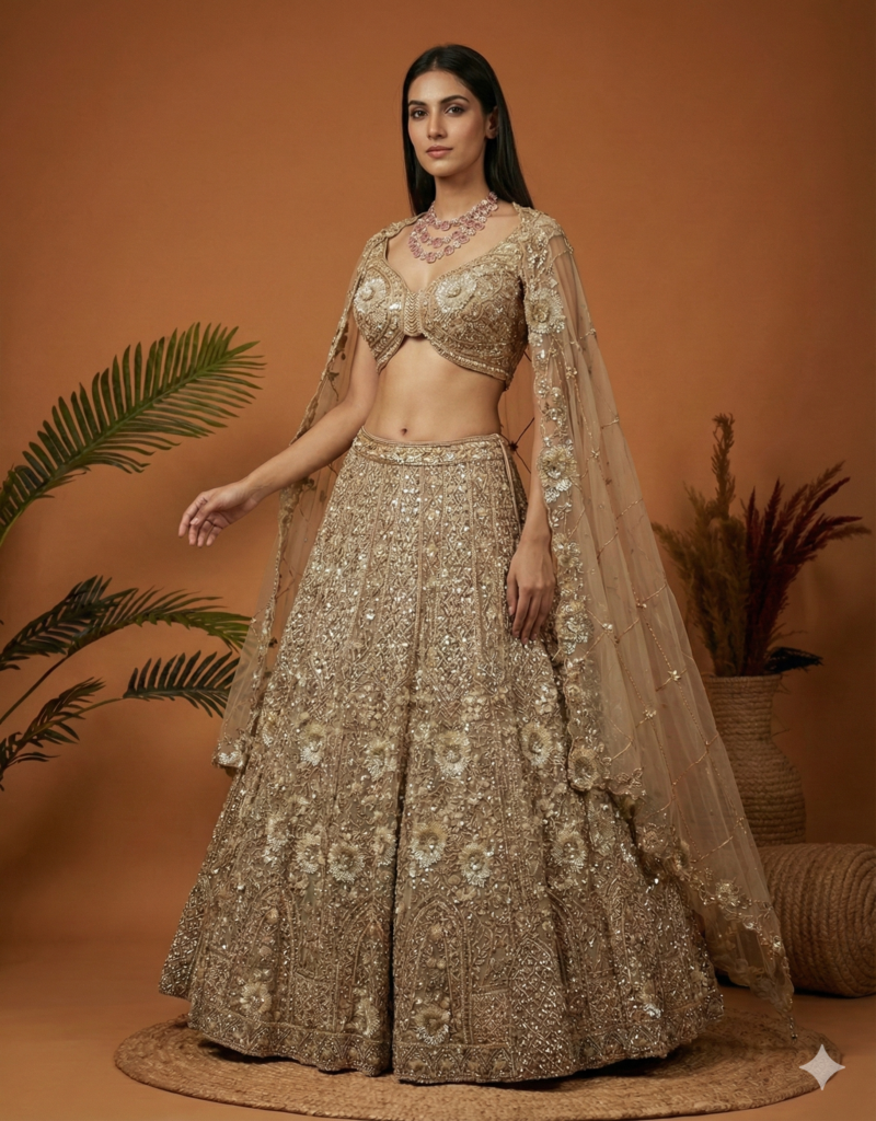 Champagne Gold Heavy Embroidered Bridal Lehenga