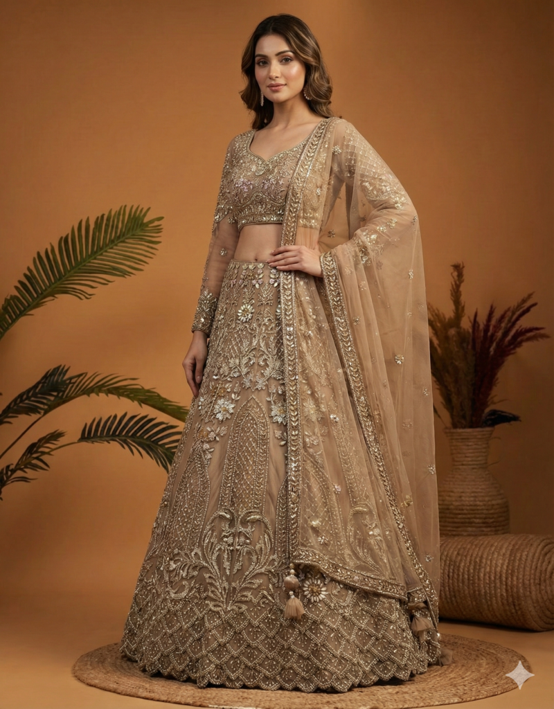 Elegant Beige Gold Embroidered Lehenga Set