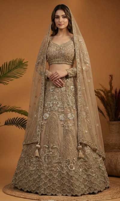 Elegant Beige Gold Embroidered Lehenga Set