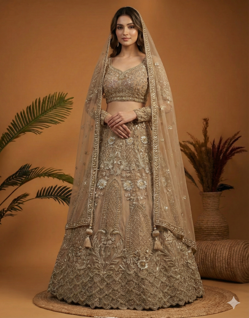 Elegant Beige Gold Embroidered Lehenga Set