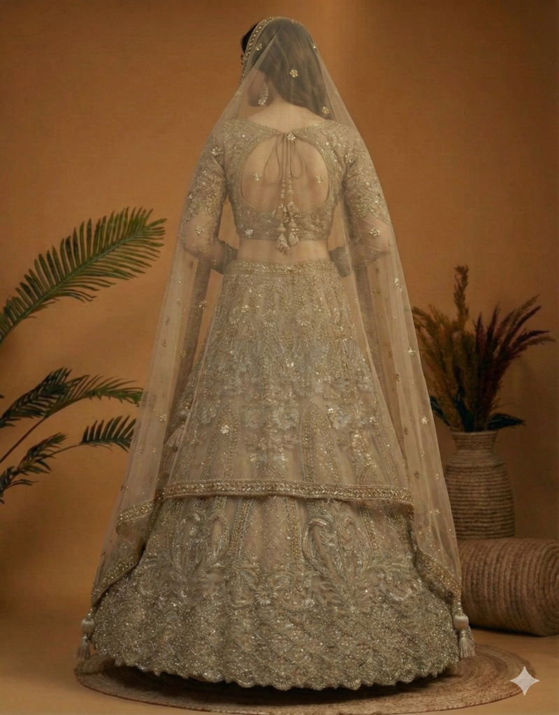 Elegant Beige Gold Embroidered Lehenga Set