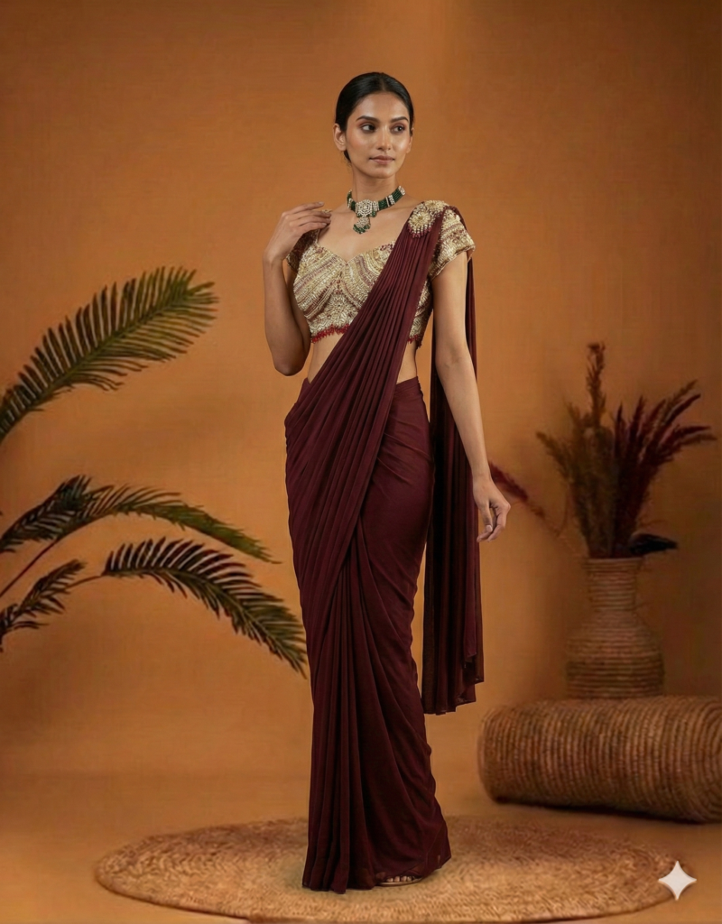Royal Wine Saree with Golden Embroidered Blouse