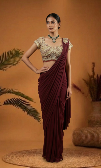 Royal Wine Saree with Golden Embroidered Blouse