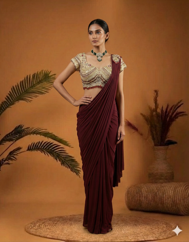 Royal Wine Saree with Golden Embroidered Blouse