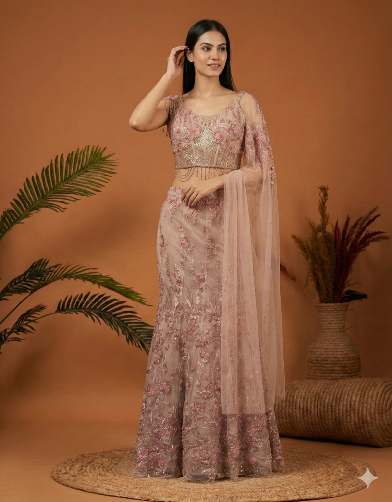 Dusty Rose Floral Embroidered Lehenga Set