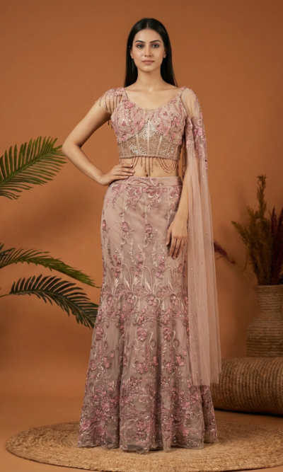 Dusty Rose Floral Embroidered Lehenga Set
