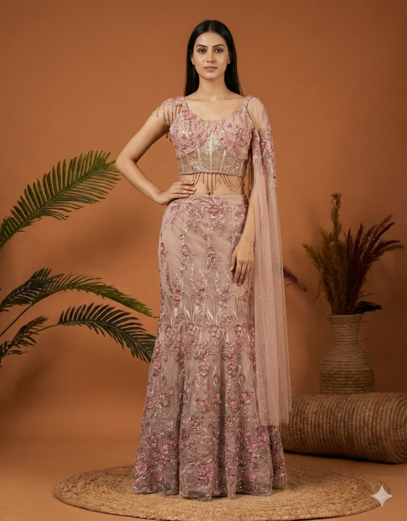 Dusty Rose Floral Embroidered Lehenga Set