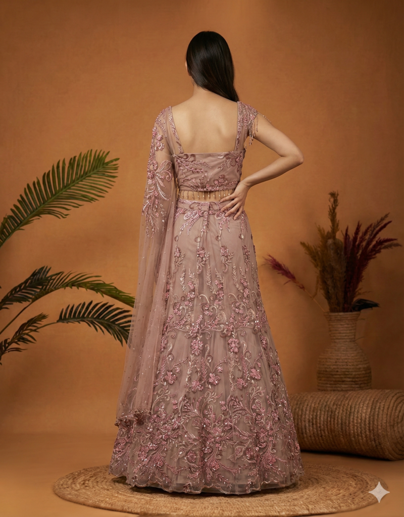 Dusty Rose Floral Embroidered Lehenga Set