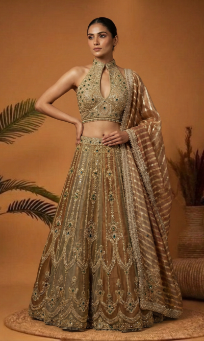 Antique Gold Halterneck Embroidered Lehenga Set