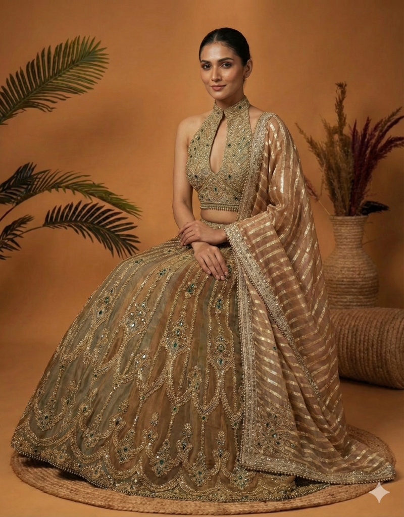Antique Gold Halterneck Embroidered Lehenga Set