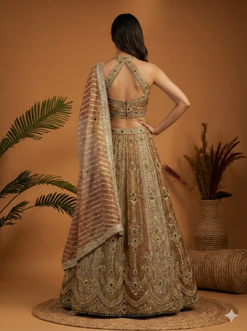 Antique Gold Halterneck Embroidered Lehenga Set