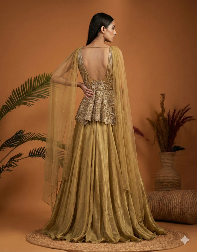 Golden Embroidered Peplum Lehenga Set