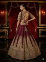 Deep Maroon & Antique Gold Embroidered Bridal Lehenga Set