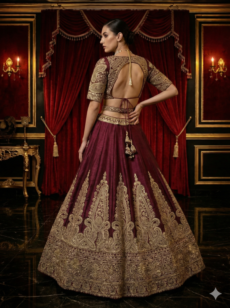Deep Maroon & Antique Gold Embroidered Bridal Lehenga Set