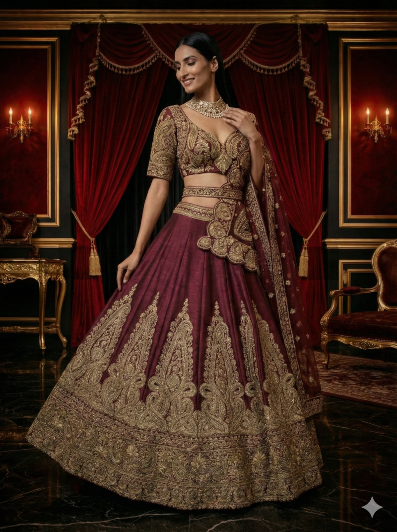 Deep Maroon & Antique Gold Embroidered Bridal Lehenga Set