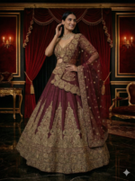 Deep Maroon & Antique Gold Embroidered Bridal Lehenga Set