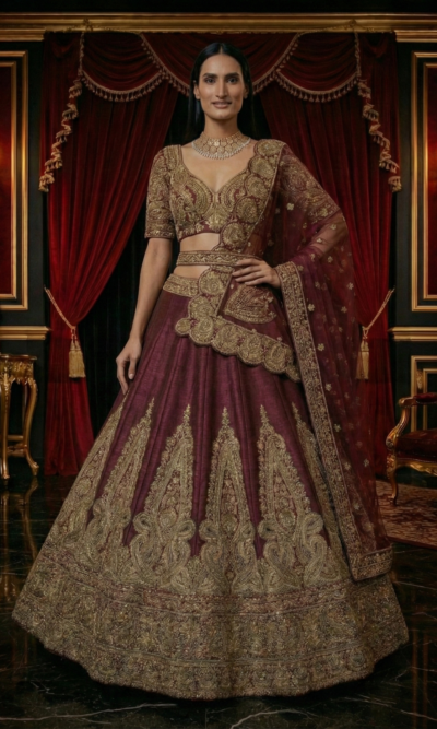 Deep Maroon & Antique Gold Embroidered Bridal Lehenga Set