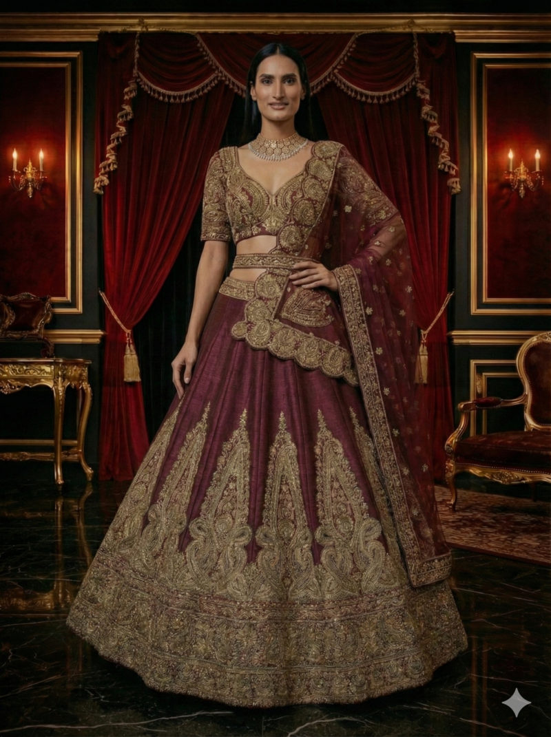 Deep Maroon & Antique Gold Embroidered Bridal Lehenga Set