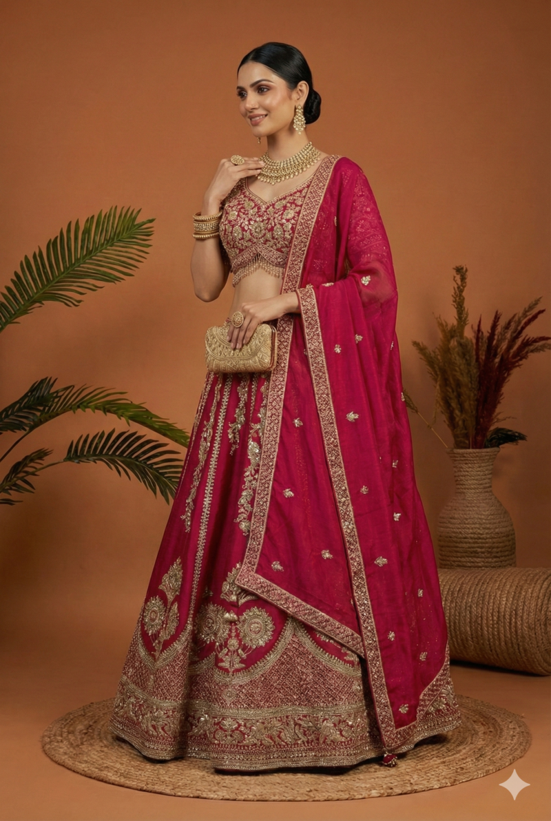 Magenta Embroidered Bridal Lehenga Set