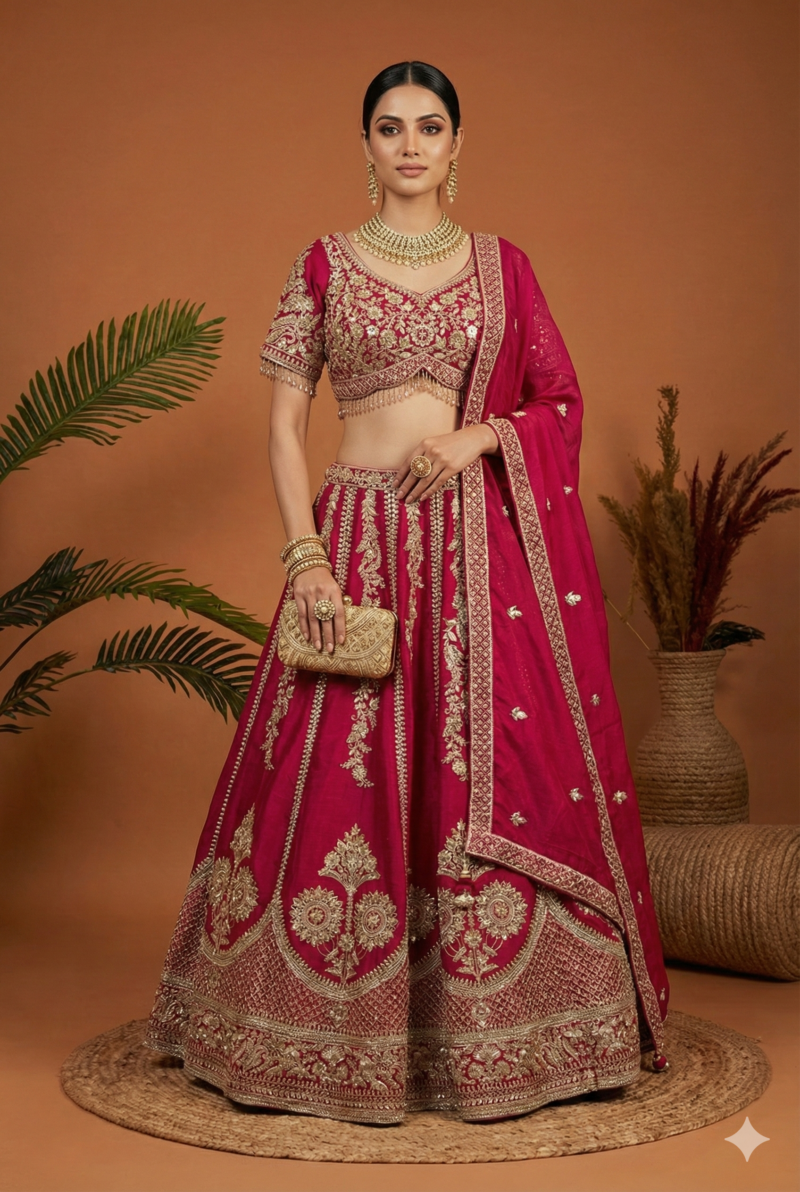Magenta Embroidered Bridal Lehenga Set