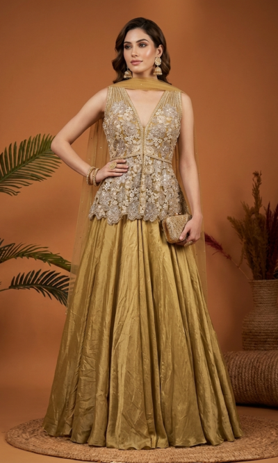 Golden Embroidered Peplum Lehenga Set