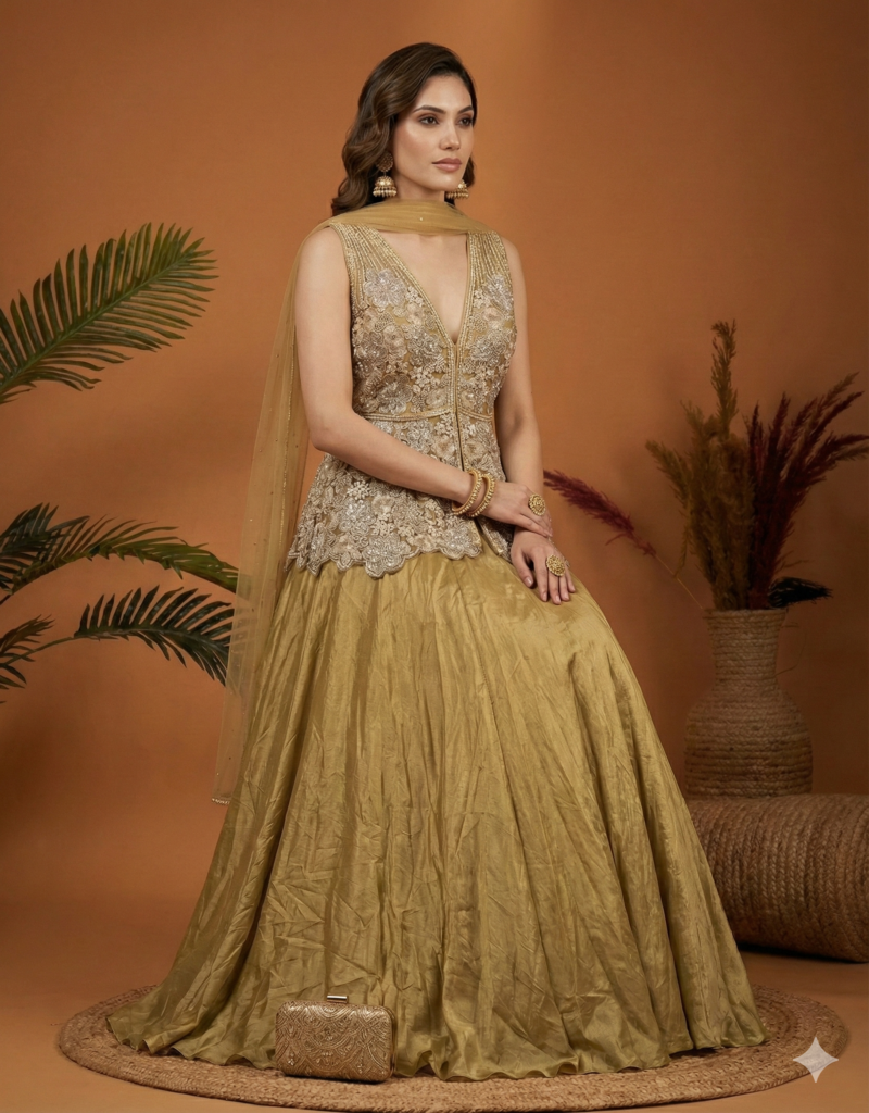 Golden Embroidered Peplum Lehenga Set