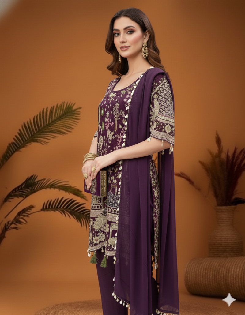 Deep Plum Embroidered Festive Suit Set