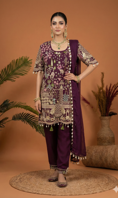 Deep Plum Embroidered Festive Suit Set