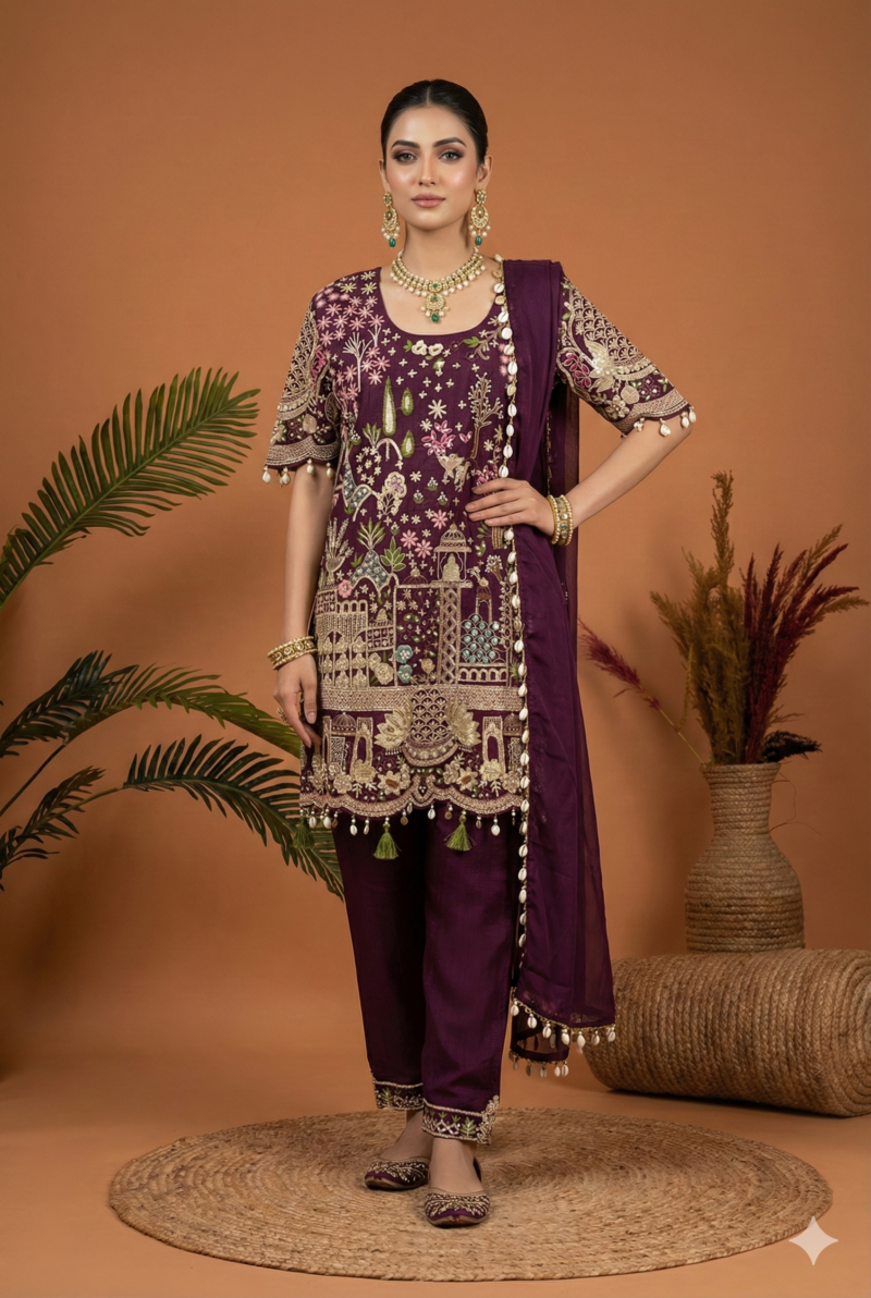 Deep Plum Embroidered Festive Suit Set