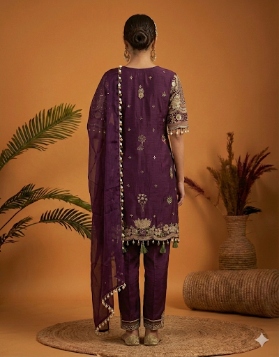 Deep Plum Embroidered Festive Suit Set