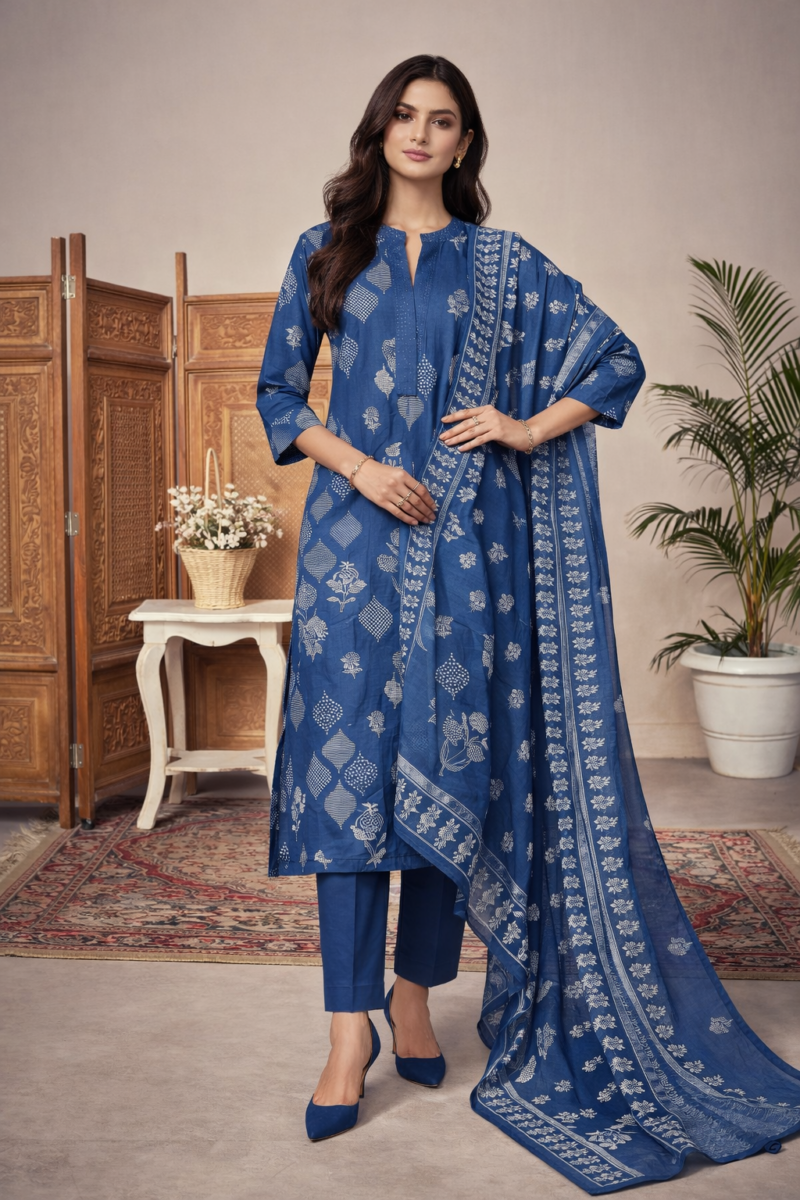 Classic Blue Printed Suit Set