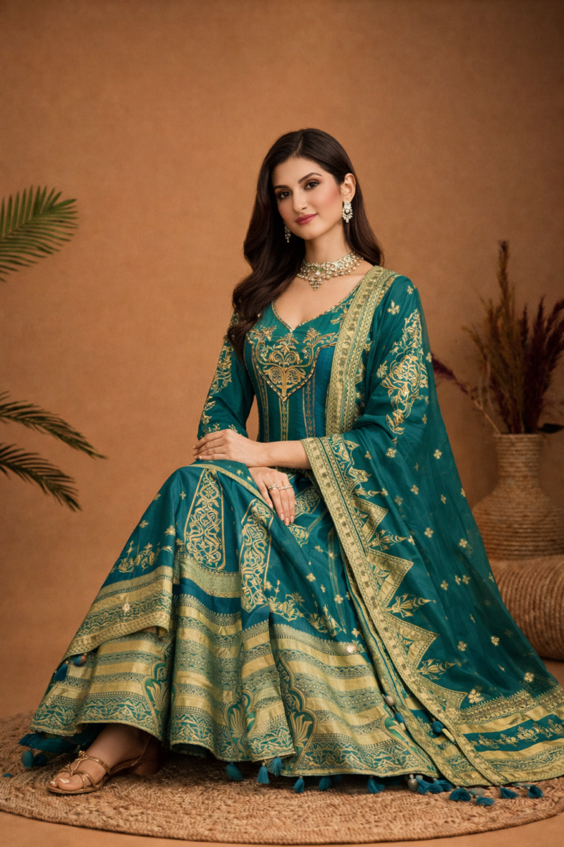 Elegant Emerald Green Flared Anarkali