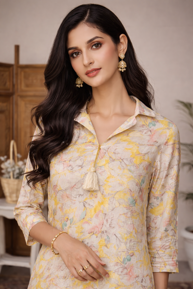 Yellow Floral Masleen Cotton Suit Set