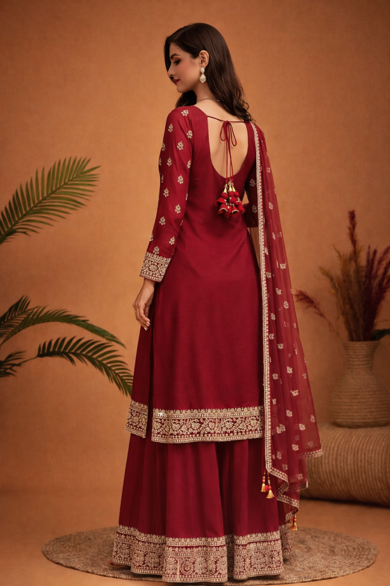 Royal Red Embroidered Kurta Sharara Set