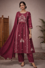Wine Embroidered  Suit Set