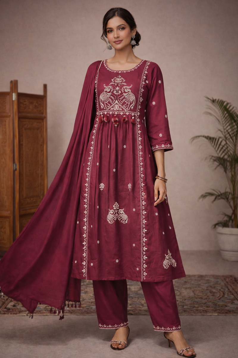 Wine Embroidered  Suit Set