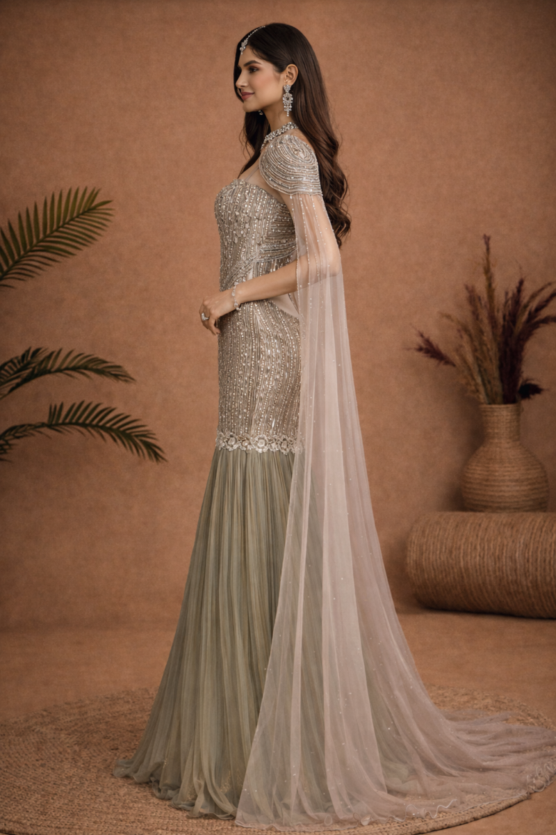Celestial Embellished Cape Gown