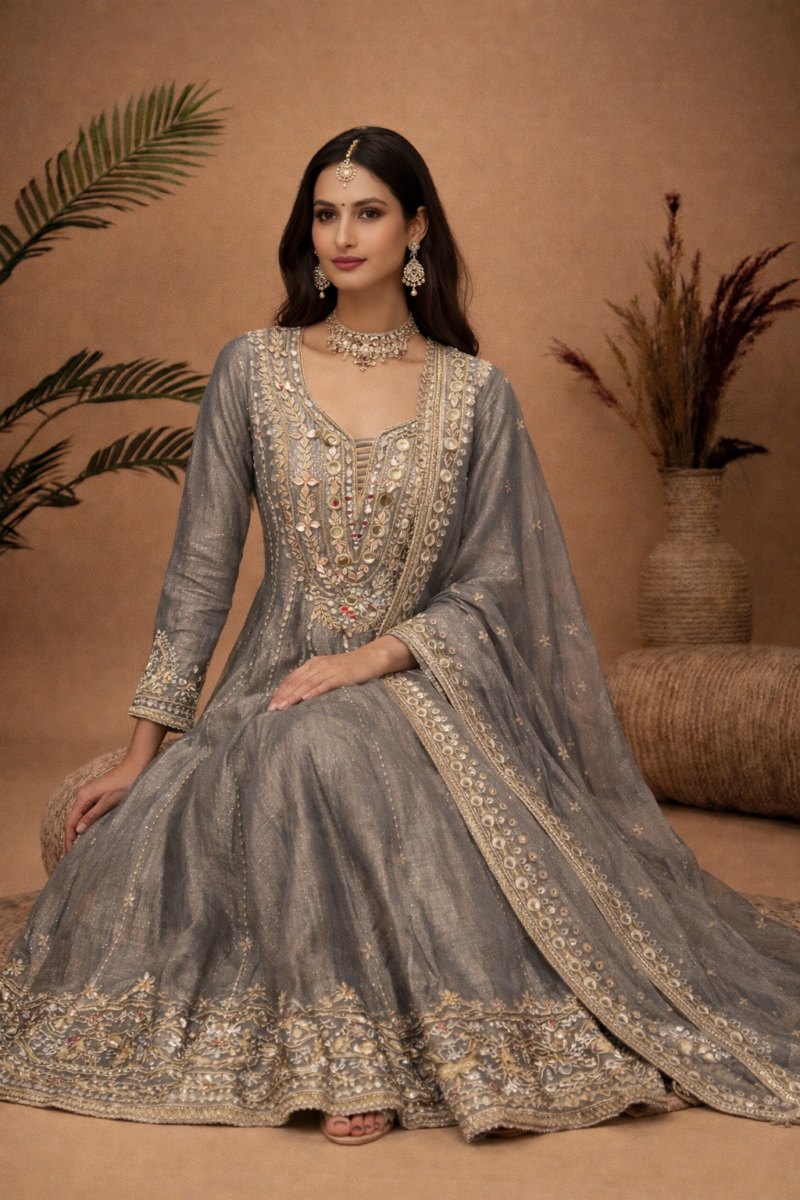 Regal Grey Embroidered Anarkali Set