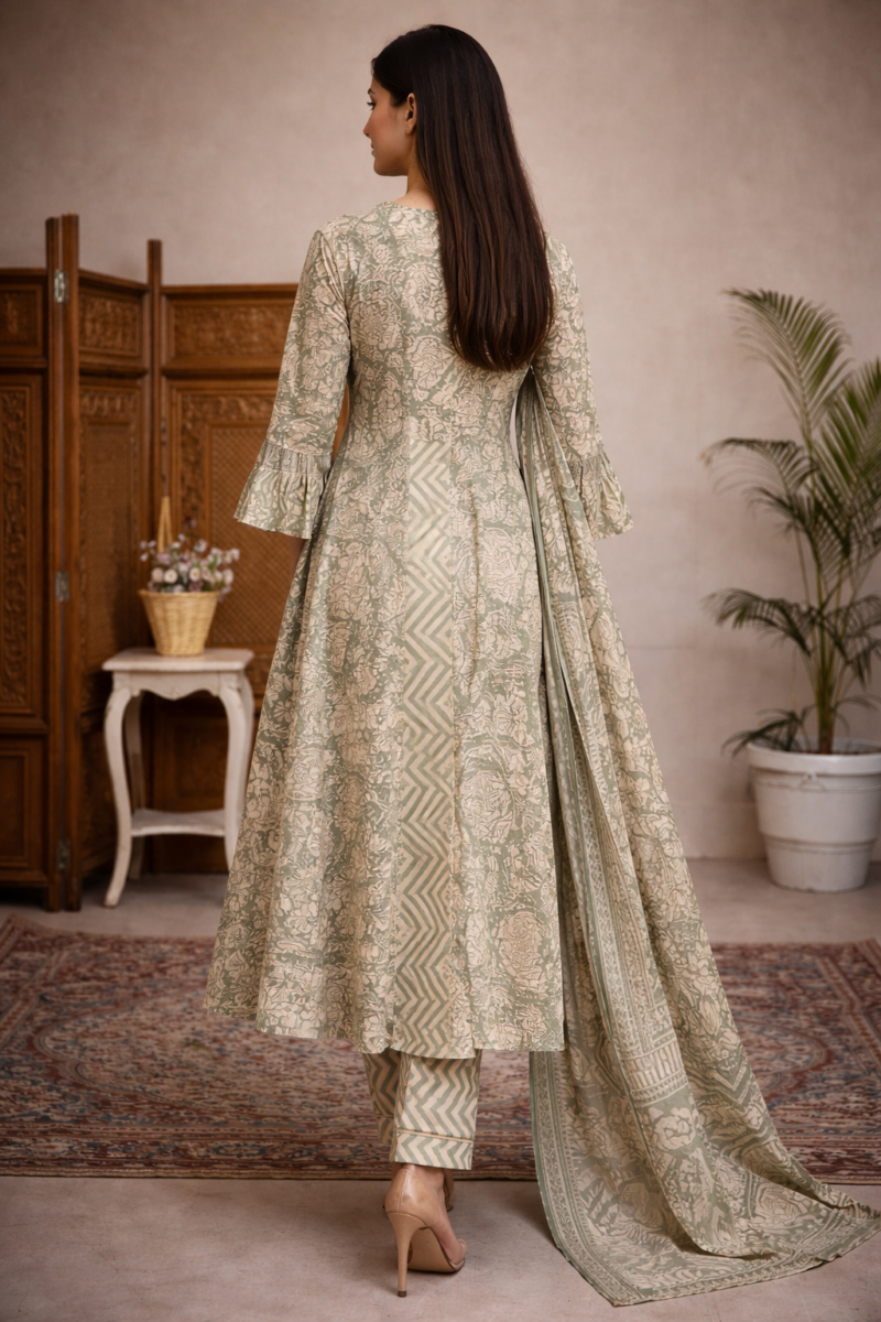 Elegant Floral Cotton A-Line Suit Set