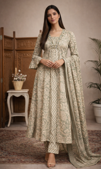 Elegant Floral Cotton A-Line Suit Set