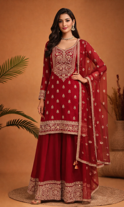 Royal Red Embroidered Kurta Sharara Set