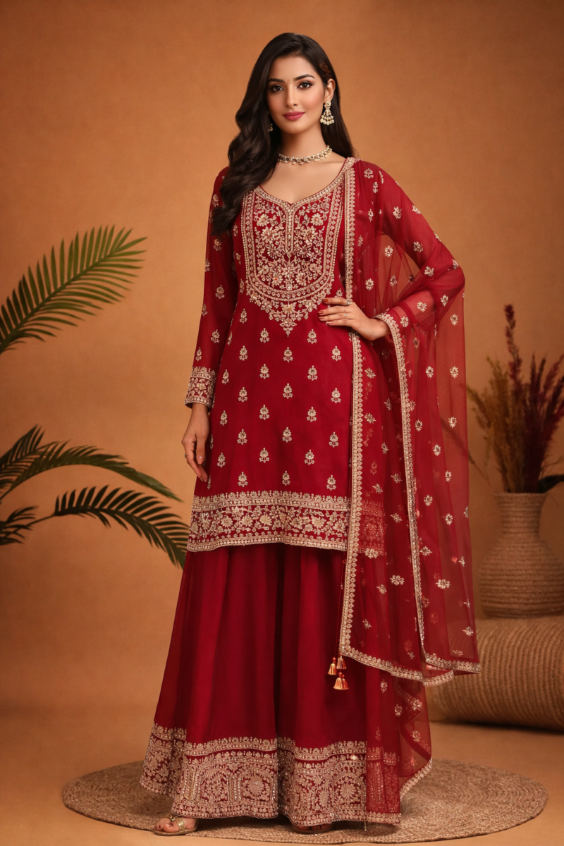 Royal Red Embroidered Kurta Sharara Set