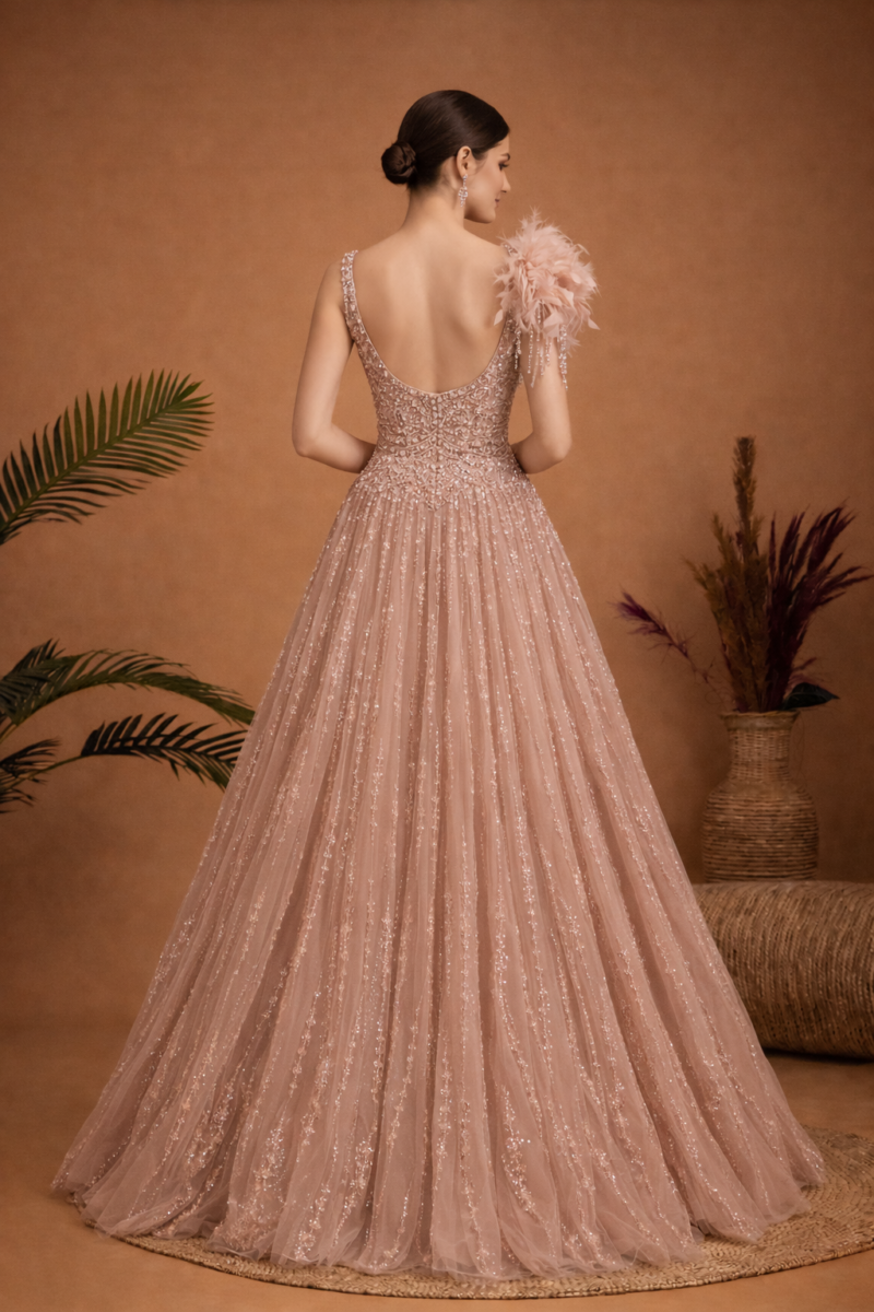 Peach Embellished Ball Gown