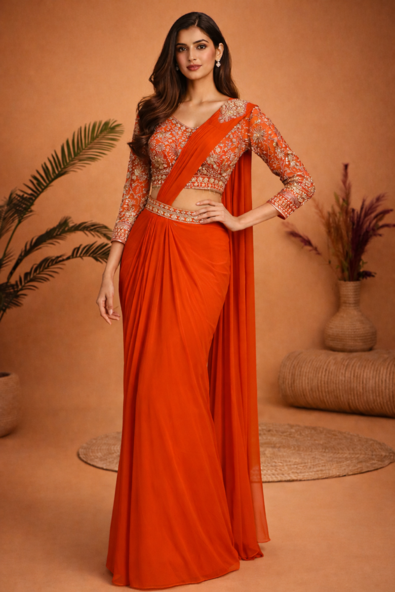 Orange Embroidered Pre Draped Saree