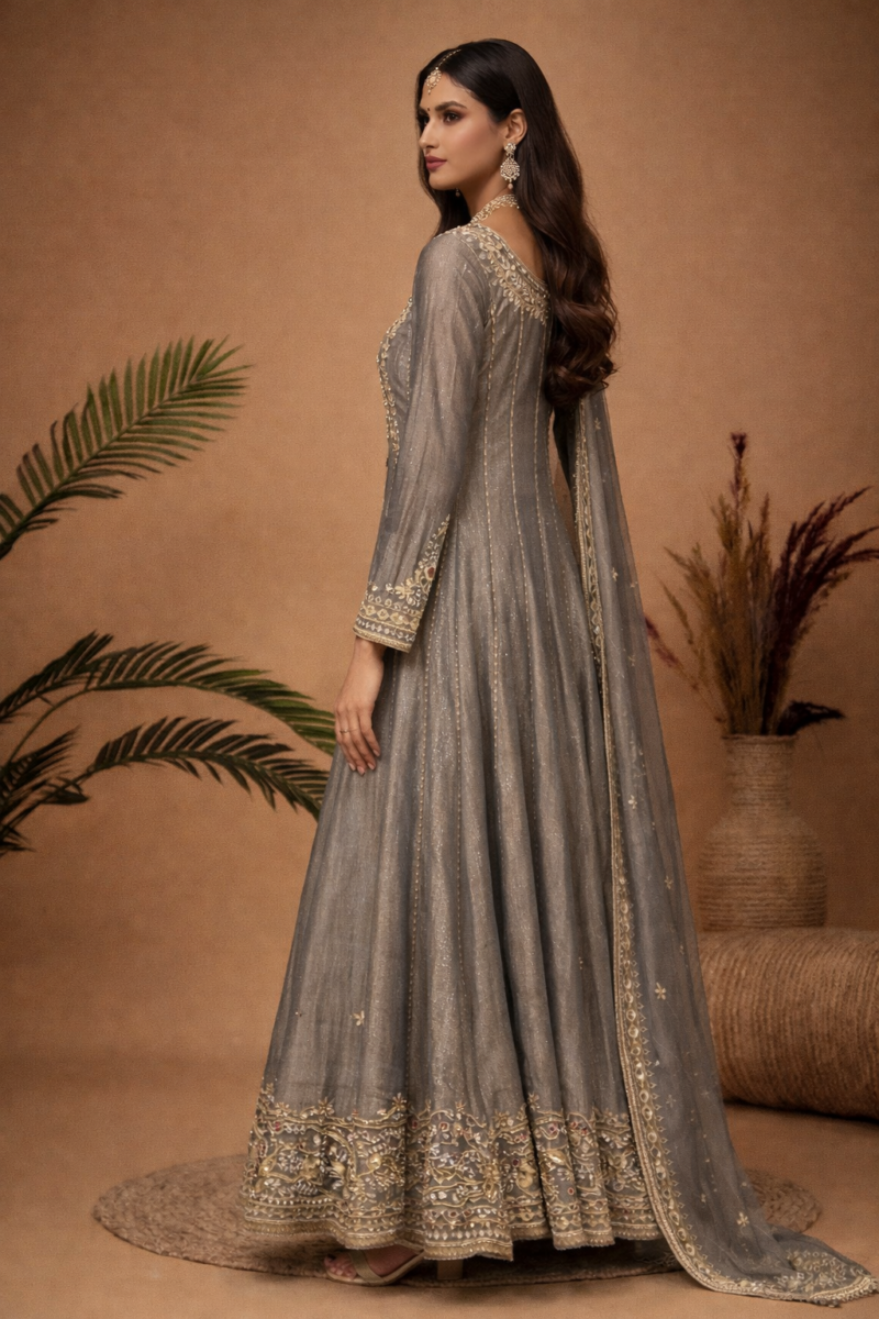 Regal Grey Embroidered Anarkali Set