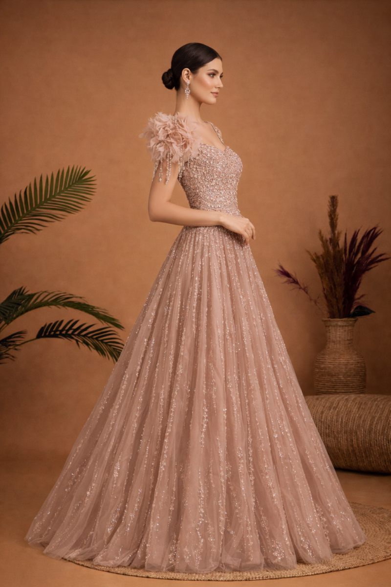 Peach Embellished Ball Gown